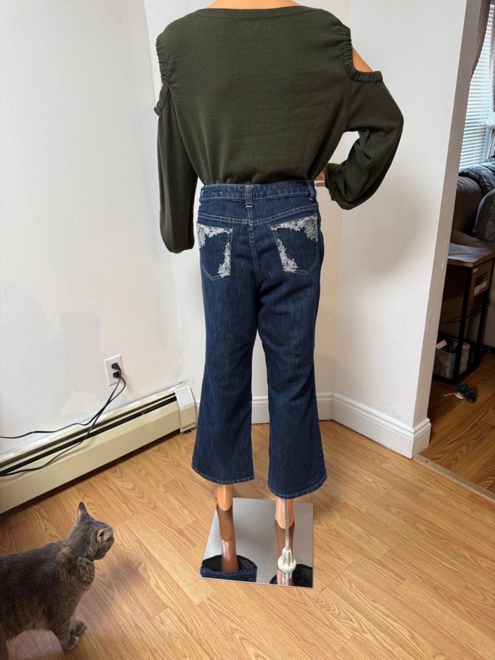 Dark Blue Women's Cropped Flare Jeans - Distressed Back Pockets